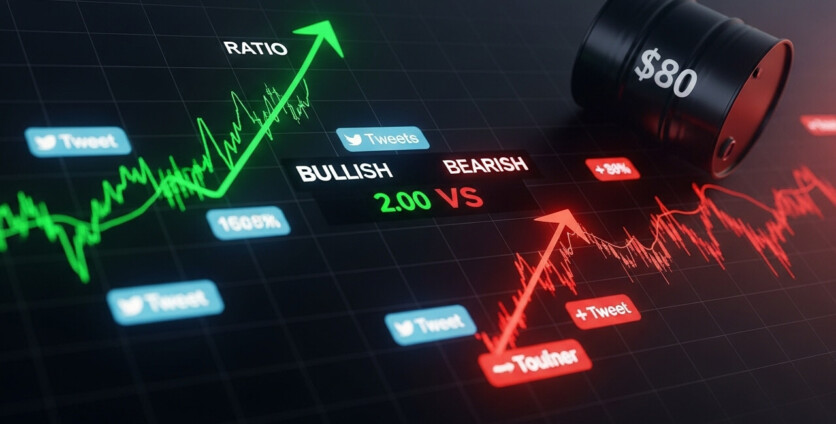 What is the Ratio of Bullish to Bearish Sentiment on Twitter for Oil Futures Aiming for $80 per Barrel?